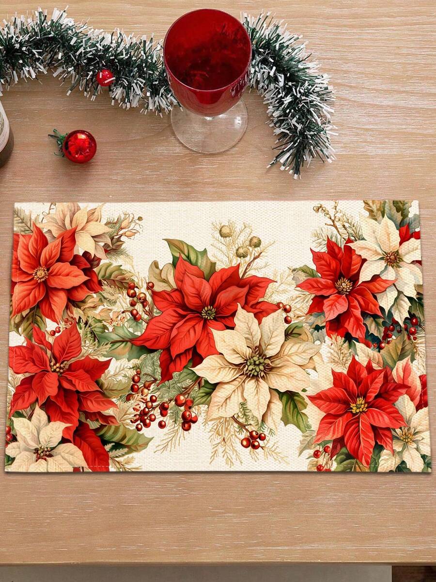 1pc Christmas Pattern Printed Table Runner, 4pcs Christmas Pattern Printed Placemats, Suitable For Holiday, Party, Birthday, Dinner, Kitchen Dining Table Decoration, All Season Room Decor, Home Textile Decoration Table Runner - Multicolor - View 1