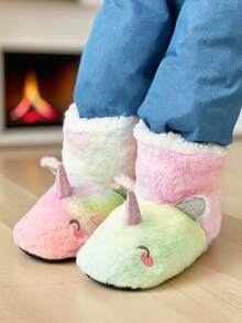 HAHABOBO Girls Tie-Dye Gradient Unicorn Design Plush High-Top House Slippers, Indoor Autumn/Winter Children's Plush Slippers - Pink - View 5