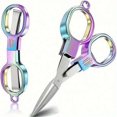 1pc Folding Scissors Rainbow Colored Sharp Polishing Blade Ergonomic Design Portable Travel Stainless Steel Fishing Scissors