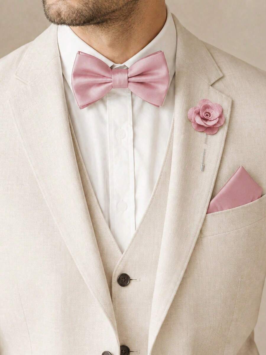 1SET (3pcs) Solid Color Bow Tie, Pocket Square, Lapel Pin Set, Adjustable Bow Tie, Handkerchief, Brooch Set - Dusty Pink - View 1
