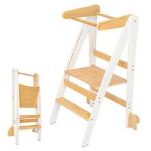 Foldable Wooden Learning Tower – Step Stool, Space-Saving Kitchen Helper For Learning Activities & Bathroom - White - View 3