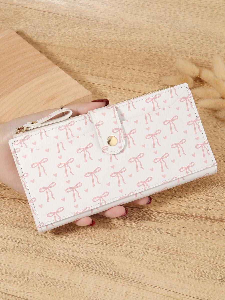 Fashionable Bow Print Long Wallet With Zipper And Buckle Fold Design, Suitable For Carrying Small Phones, Ideal For Outdoor And Travel - White - View 1