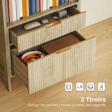 Hoge boekenkast, opbergmeubel met 4 open planken en 2 geribbelde laden, 60 x 30 x 160 cm, naturel hout - A - Bekijken 8
