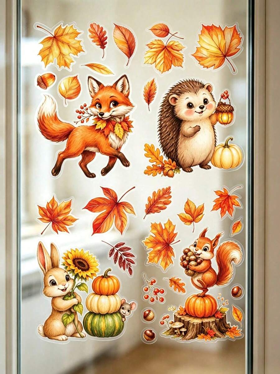 2pcs Autumn Forest Animal Static Window Clings, Fox Hedgehog Squirrel Rabbit Maple Leaf Pumpkin Acorn Stickers, Glue-Free Reusable Glass Decals, Autumn Thanksgiving Home Store Window Party Decoration Gift
