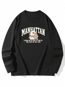Women's Fashion Autumn/Winter Loose Minimalist Versatile Letter & Cartoon Puppy Print Long Sleeve T-Shirt - Black - View 6