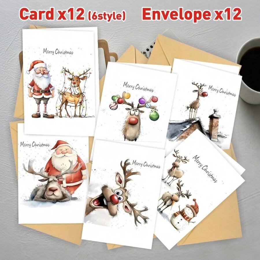 1 Set Christmas Greeting Cards And Envelopes, Includes 12 Cards And 12 Envelopes, Various Santa Claus, Reindeer And Snowman Designs, Suitable For Christmas, Thanksgiving, New Year, Birthday Parties And Celebrations, Blank Inside, 3D Display, High-Quality Paper