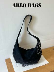Shoulder Bag With Smooth Curved Silhouette, Rivet Trim, Casual Relaxed Vibe. Wide Adjustable Shoulder Strap For Comfortable Burden-Free Carrying. Large Capacity Interior Easily Stores Personal Items, Suitable For Daily Outings, Casual Shopping And Other Scenarios, Creating A Personalized Fashionable Look. - Black - View 5