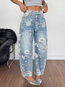 Women's Casual Loose Fit Denim Wide Leg Pants, Printed Pattern, Button & Zipper Pockets, Long Non-Stretch Style - Light Wash - View 5
