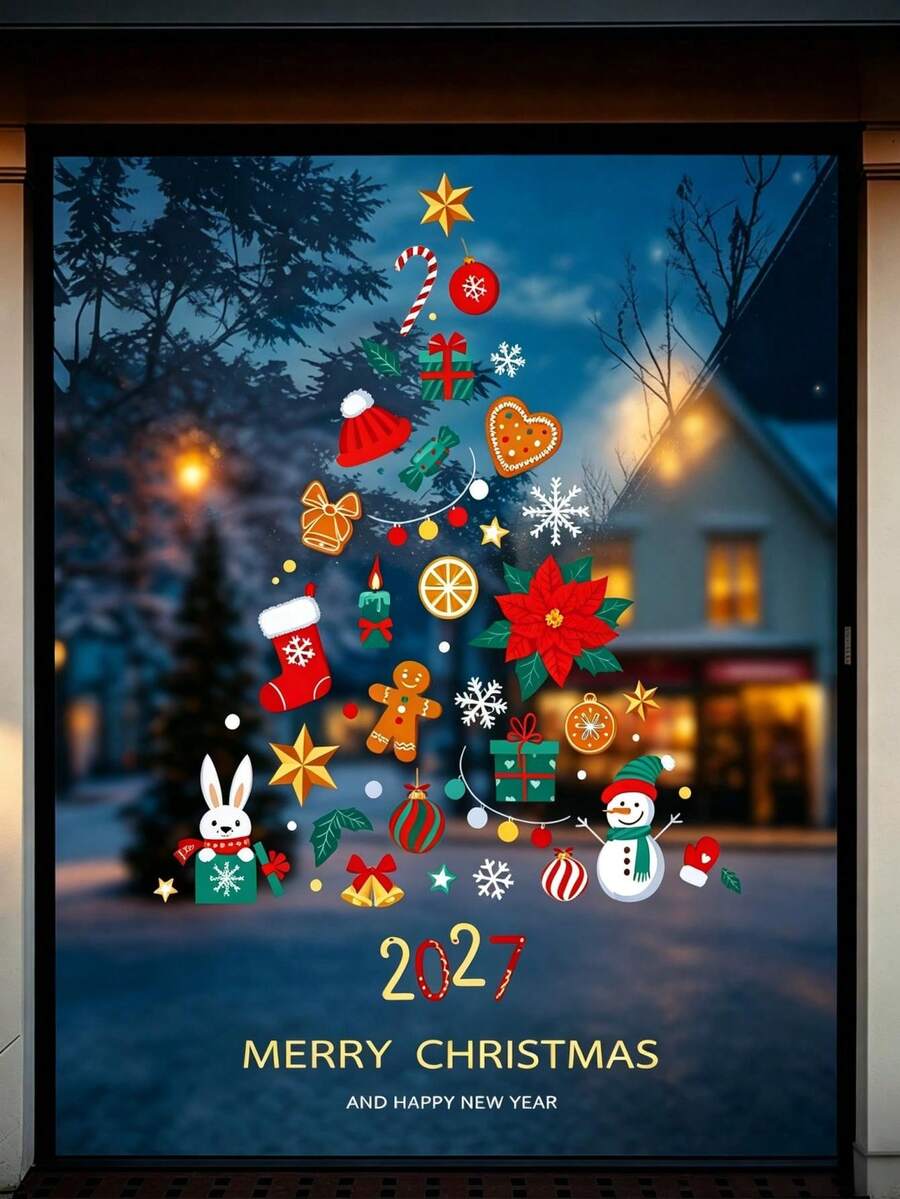 1pc Christmas Static Window Sticker, Creative Tree-Shaped Mixed Christmas Element Print, Includes 2027, Rabbit, Snowman, Gingerbread Man, Gift, Decorative Patterns, Reusable PVC Glass Door Wall Sticker, Indoor Home Christmas New Year Party Decoration - Style a - View 1