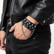 2pcs Punk Style Geometric Chain Bracelet + Rivet Skull Bracelet, Suitable For Men's Daily Punk Streetwear, Exquisite Bracelet Gift For Men - Black - View 3