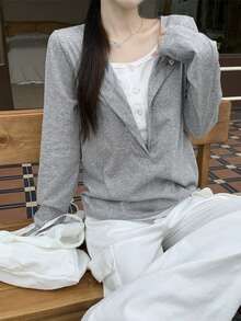 Women's 2 In 1 Long Sleeve T-Shirt, Niche Loose Slouchy Casual Design Top - Light Grey - View 3