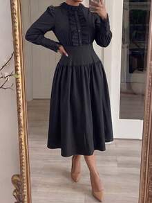 Solid Color Elegant Conservative Lace Patchwork Wedding Formal Evening Party Daily Commute Dress - Black - View 5