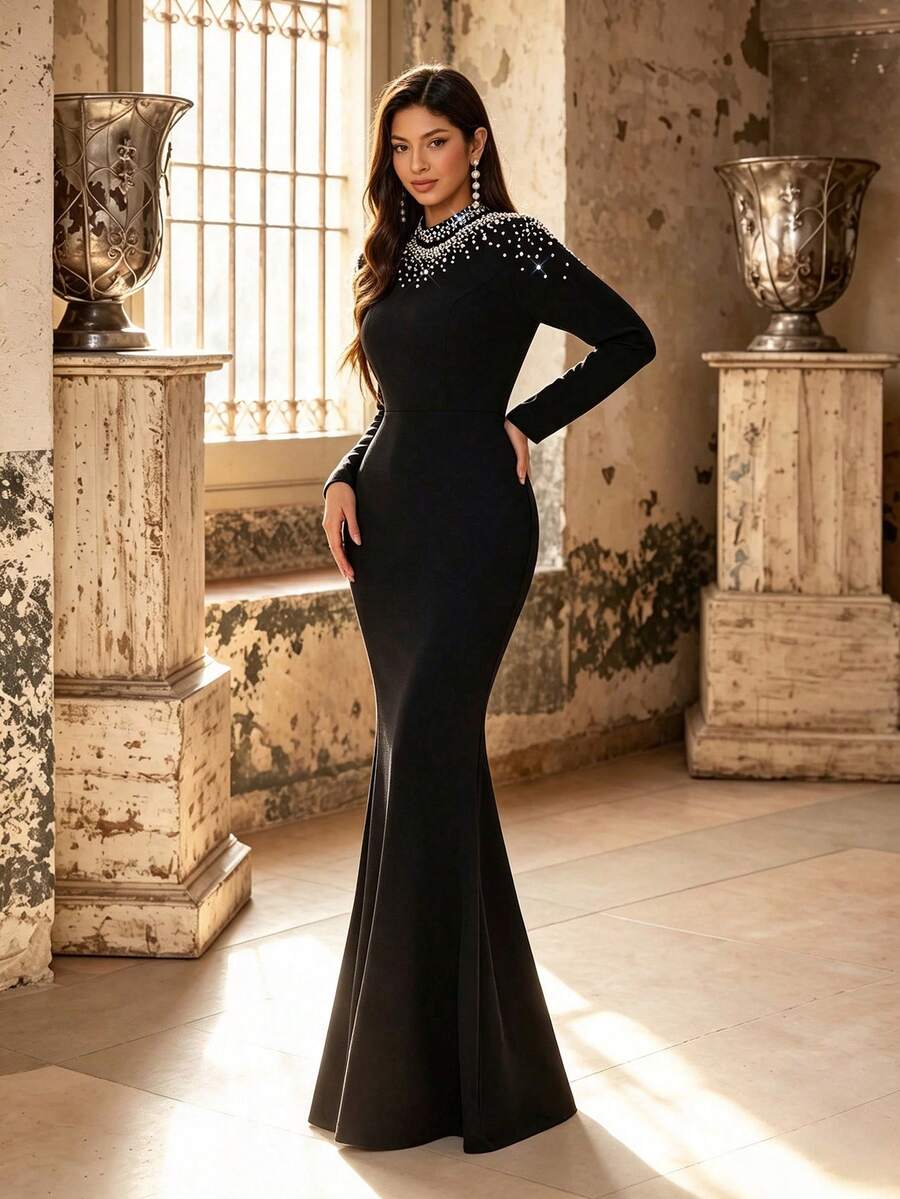 Gaun Panjang Formal Model Duyung Pas Badan dengan Kerah Tegak Elegan Musim Gugur/Dingin, Bordir Mutiara Imitasi Berkilau dan Rhinestone, Lengan Panjang Ketat, Cocok untuk Pesta, Perjamuan, Pernikahan - Hitam - View 1