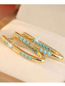Gmzalx Bohemian Elegant Style Synthetic Turquoise V-Shaped Earrings, Exquisite Women's Jewelry, Suitable For Various Daily Occasions - Gold - View 4