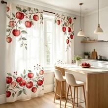 2pcs White Background Watercolor Red Apple Branch Print Curtains, Red Apple, Green Leaf Vine, Red Berry Pattern, 2D Flat Print, Translucent, Rod Pocket, Suitable For Kitchen, Dining Room, Living Room Window Decor, Fruit Theme Curtains - Multicolor - View 7