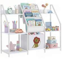 Kinderboekenkast met 3 planken, boekenkast voor kinderen met stoffen lade, 93 x 30 x 76 cm, wit - A - Bekijken 1