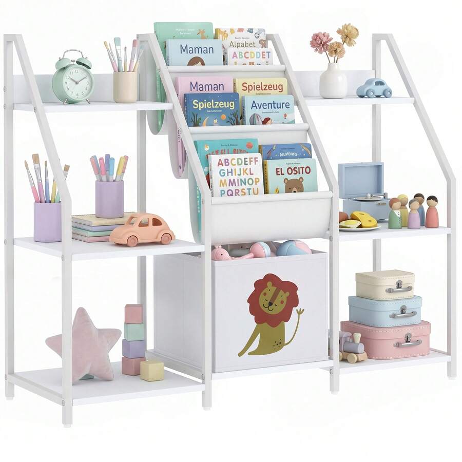 Kinderboekenkast met 3 planken, boekenkast voor kinderen met stoffen lade, 93 x 30 x 76 cm, wit - A - Bekijken 1