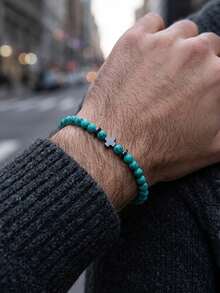 diffone 4mm Natural Stone Bracelet, Men's Hematite Cross & Seed Bead, Boyfriend Gift, Yoga Accessory - Blue - View 3
