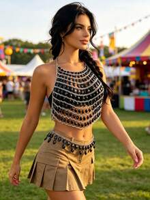 2Pcs Y2K Sparkly Rhinestone Body Chain & Waist Chain Set, Mesh Halter Body Harness For Festival Rave Night Party Beach Outfit - Black - View 4