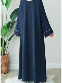 Black Turkish Dubai Middle Eastern Style Women's Loose Robe With Zipper And Belt, Long Sleeve Abaya Spring Fall - Navy Blue - View 3