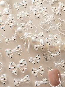 1pc 5D Classic Elegant Bow Nail Sticker, Cute Black & White Ribbon Bow Nail Art Decals, Self-Adhesive Slider Nail Decoration DIY Sticker Nail Stickers - White - View 1