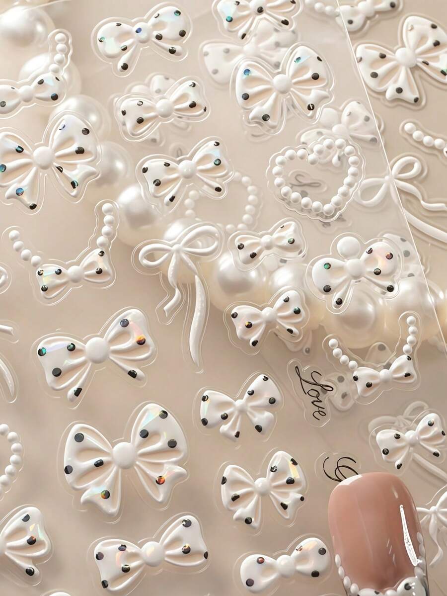 1pc 5D Classic Elegant Bow Nail Sticker, Cute Black & White Ribbon Bow Nail Art Decals, Self-Adhesive Slider Nail Decoration DIY Sticker Nail Stickers - White - View 1