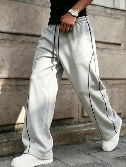 Relaxed Fit All-Day Men's Wide Leg Sweatpants With Side Contrast Stripe Design, Adjustable Drawstring Waist, Large Pockets, Light Exercise Sports