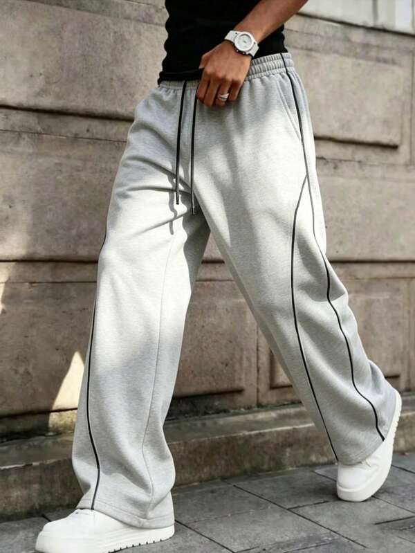 Relaxed Fit All-Day Men's Wide Leg Sweatpants With Side Contrast Stripe Design, Adjustable Drawstring Waist, Large Pockets, Light Exercise Sports