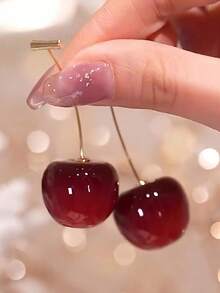 2pcs Cherry Premium Personalized Long Pendant Earrings - Burgundy - View 5