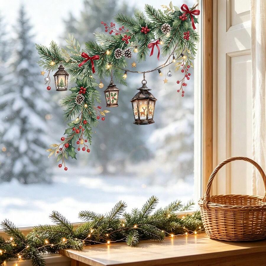 1/3pcs Christmas Window Clings Winter Pine Garland Robin Bird Lanterns Static Glass Decals Double Sided Removable Holiday Stickers For Home Showcase Party Decor