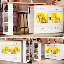 Flieks 360° Rotating Kitchen Island Bar Table With App Controlled LED Lights, Buffet Sideboard With 4 Drawers & Glass Cabinet, Multifunctional Dining/Work Desk For Living Room & Kitchen - White - View 7