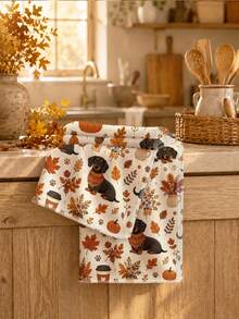 2pcs Minimalist Cute Dachshund Pumpkin Maple Leaf Pattern Kitchen Towels, Soft Polyester Dish Cloths, Suitable For Kitchen Decor, Kitchen Cleaning, Holiday Party Decoration, Kitchen Bathroom Supplies Home Essentials, Home Decor, Housewarming Gift - Multicolor - View 5