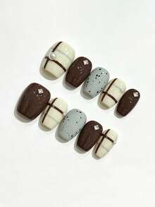 10pcs Pure Handmade Short Square Press On Nails, Retro Elegant Style, Brown Plaid Lines, Grey Speckled Design, Pearl & Square Rhinestone Decorations For Women And Girls, Spring Summer Fall Winter Festivals Party And Daily Life Use - Brown - View 2