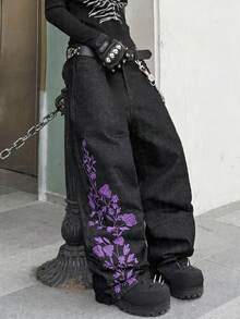 Hearty Haven 1件裝 美式大尺碼男士刺繡復古寬鬆寬腿休閒舒適百搭牛仔長褲 水洗款 不含腰帶與配件 - 黑色 - 查看 1