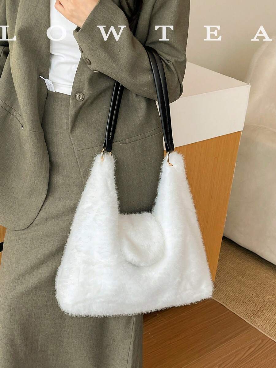 low tea 1pc Minimalist Fashion Wanderer Style Plush Fabric Shoulder Bag, Suitable For Commuting, Shopping, Etc.
