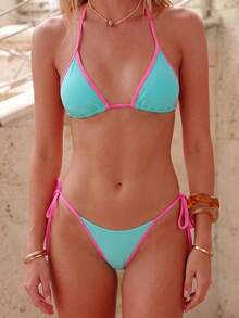 Women's Solid Color Contrast Bikini Set Set, Halter Tie Back Swimwear, High Elasticity Fabric, Beach Holiday Two Pieces Bikini Set Vacation Summer - Multicolor - View 2