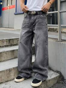 Men Grey Washed Baggy Wide Leg Jeans, Relaxed Loose Fit Casual Street Style Long Denim Trousers - Grey - View 4