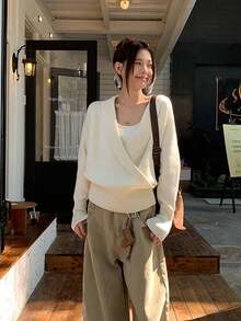[Y6Y] Sweater Rajut Wanita Musim Gugur/Dingin Model V-Neck, Gaya Korea, Desain Longgar dan Lembut - Krem - View 9