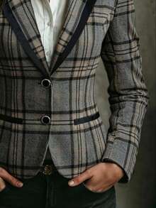 Women's Plaid Long Sleeve Blazer, Button Detail Contrast Trim Design, Regular Fit Polyester Jacket, Suitable For Autumn/Winter Wear Fall - Grey - View 4
