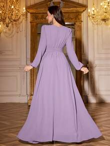 Volly Toych Elegant Long Sleeves Chiffon Maxi Bridesmaid Dress, Sleeves Without Lining, With Ruched Bust Scoop Neck For Special Occasions, Perfect For Events - Dusty Purple - View 3