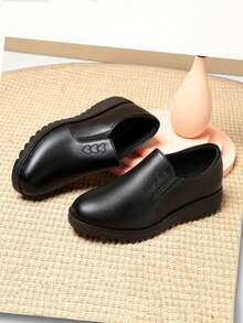 Women's Minimalist Wedge Heel Mom Leather Shoes With Heart Embroidery Slip-On Design, Non-Slip Comfortable Daily Wear - Black - View 3