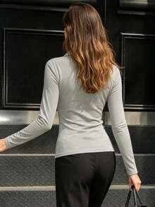 Women Fall Long Sleeve Polo Shirt Collared Half Button Slim Fit Fitted Casual Basic Tee Top - Light Grey - View 3