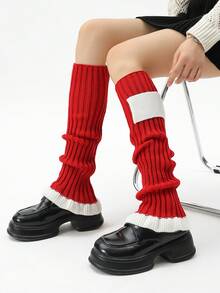1 Pair Colorblock Square Acrylic Knit Lace Leg Warmers/Foot Warmers/Sock Covers For Women, Suitable For Autumn/Winter - Red - View 1