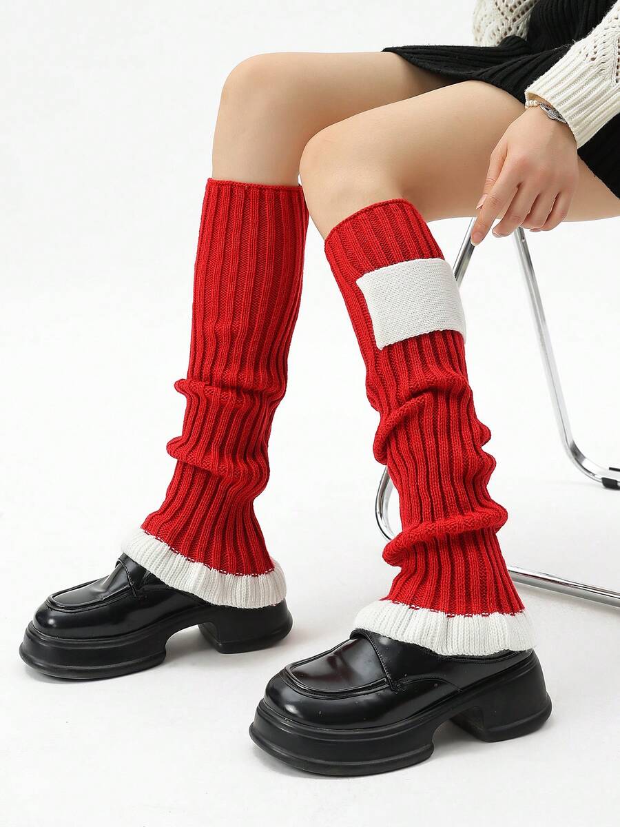 1 Pair Colorblock Square Acrylic Knit Lace Leg Warmers/Foot Warmers/Sock Covers For Women, Suitable For Autumn/Winter - Red - View 1