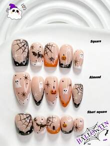 10pcs Halloween Theme Vintage Gothic Style Handmade Press-On Nails, Polygel Nail Art Set, Little Ghost Spider Web Pattern, White And Orange Nail Polish, Exquisite Style, Includes Nail Tools, 3 Sizes Available: Square, Short Square, Almond, Suitable For Parties, Balls, Daily Wear - Multicolor - View 1