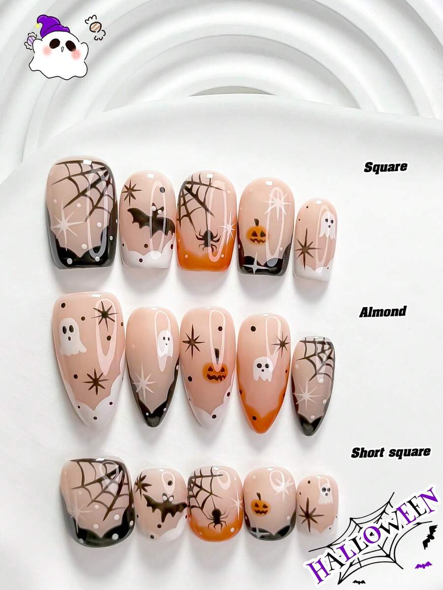 10pcs Halloween Theme Vintage Gothic Style Handmade Press-On Nails, Polygel Nail Art Set, Little Ghost Spider Web Pattern, White And Orange Nail Polish, Exquisite Style, Includes Nail Tools, 3 Sizes Available: Square, Short Square, Almond, Suitable For Parties, Balls, Daily Wear - Multicolor - View 1