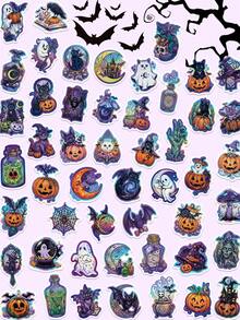 50Pcs Halloween Holographic Cartoon Stickers Dark Style Pumpkin Black Cat Stickers For Laptop Water Bottle Fridge Journal Phone DIY Crafts Stickers - Multicolor - View 11