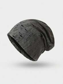 1pc Unisex American Style Distressed Ripped Vintage Knit Beanie, Fashionable Accessory For Streetwear - Multicolor - View 2