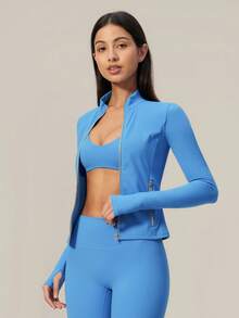 TimeOff Women's 1pc Solid Color Stand Collar Zipper Jacket With Side Pockets And Thumb Holes, Autumn/Winter - Blue - View 7