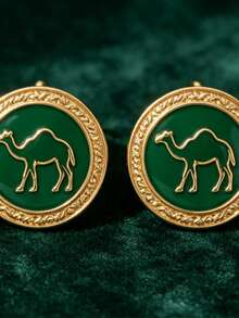 Saudi National Day Camel Stud Earrings Green Enamel Gold Round Earrings Holiday Jewelry Gift - Multicolor - View 5